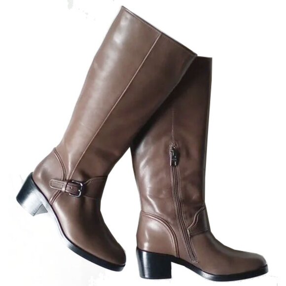 NWOB Coach Cecilia Leather Riding Boots 5.5 Mushroom Dark Taupe - Picture 1 of 5